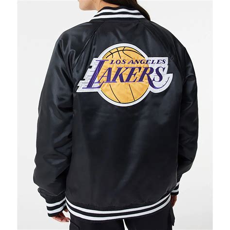 Varsity Full Snap Satin Nba La Lakers Black Bomber Jacket