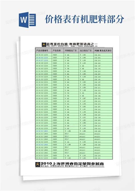 价格表 有机肥料部分word模板下载编号qmmzedoe熊猫办公