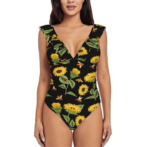 Bingfone Bees And Sunflowers Print Women Ruffle One Piece Swimsuit