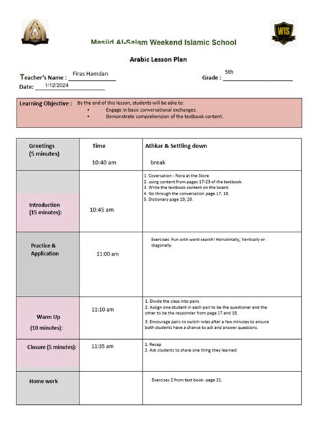Arabic Lesson Plan 5th Grade Jan 14 Pdf
