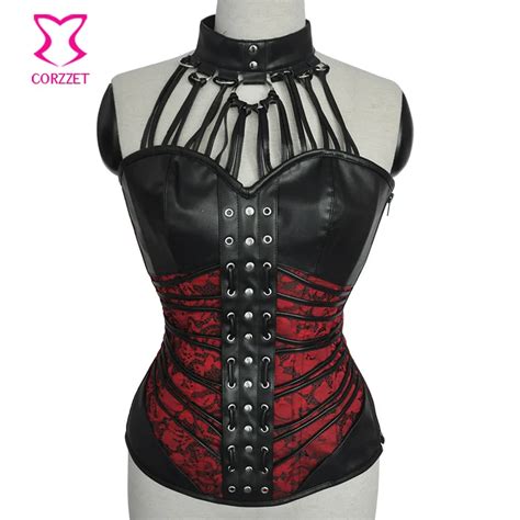 Punk Red Floral Brocade And Black Leather Hlater Corset Bustier Top