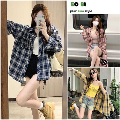 Áo sơ mi kẻ caro túi ngực form rộng oversize Sơ mi kẻ hàn quốc phong cách ulzzang siêu hot