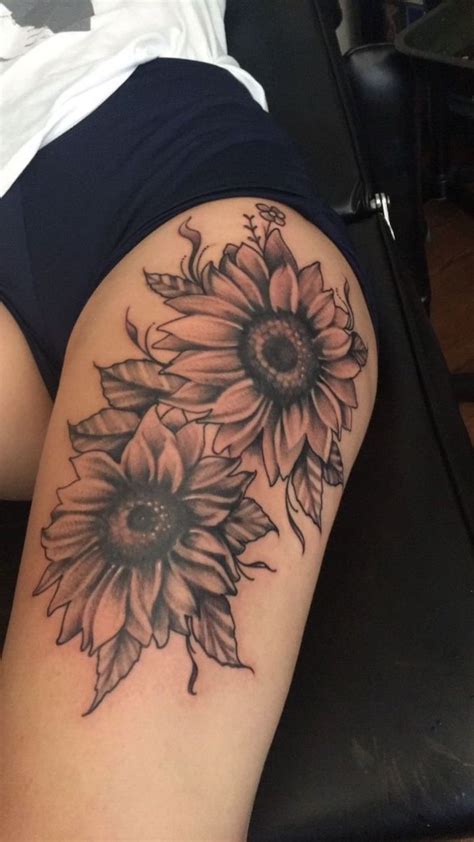 Sunflowers Thigh Tattoos Black Shorts White T Shirt Black Leather Bed