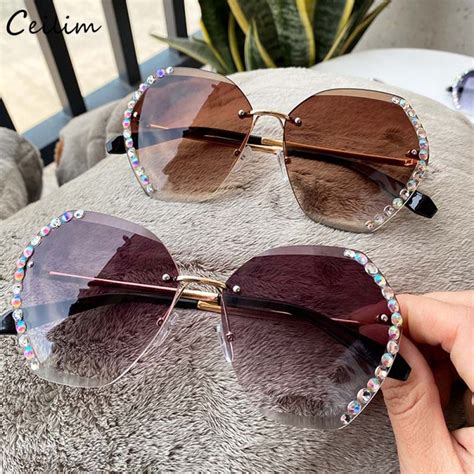 Female Luxury Brand Crystal Diamond Rimless Sunglasses In 2020 Rimless Sunglasses Sunglasses