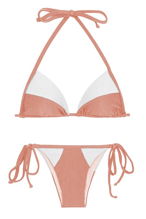 Peach And White Textured Triangle Side Tie Bikini Rose Recorte Tri