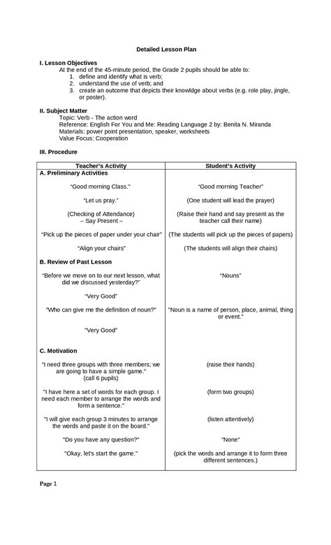 Sample Lesson Plan In English Grade 2 Nouns Printable Online