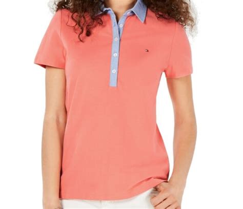 Tommy Hilfiger Womens Polo Shirt Coral Pink Size 2x Plus Piped Trim