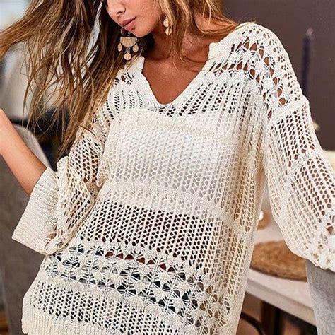Oversize Bikini Cover Up Sexy Hollow Out V Neck Mini Dress Long Sleeve Crochet Swimwear Beach