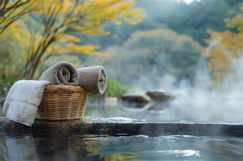 A Bath Towel And Bucket At Hot Spring With Steam Premium AI Generated Image