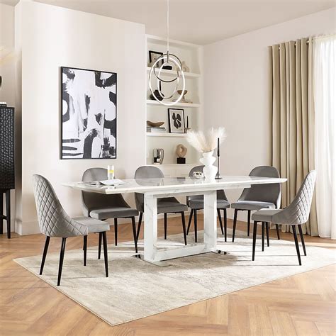 Tokyo Extending Dining Table And 4 Ricco Chairs White Marble Effect Grey Classic Velvet And Black