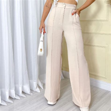 Calça Pantalona Duna Feminina Wide leg Cintura Alta Levanta Botão e