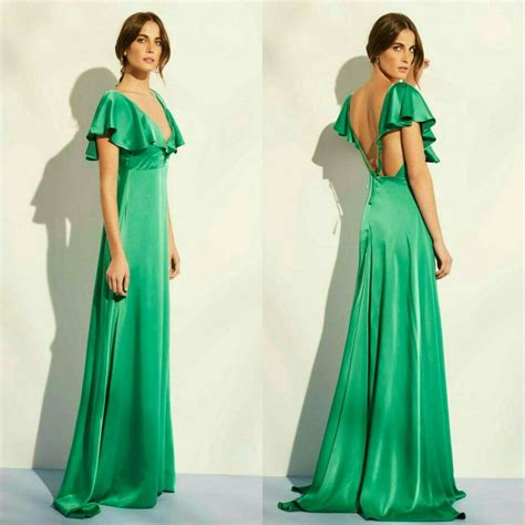 Vestido Largo Color Verde Volados En El Hombro Espalda Abierta Y Escote Vestidos Largos