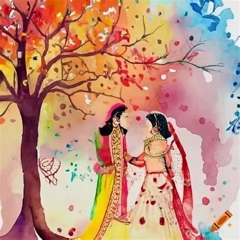 Indian Wedding Ceremony Under A Tree In Watercolor Style On Craiyon