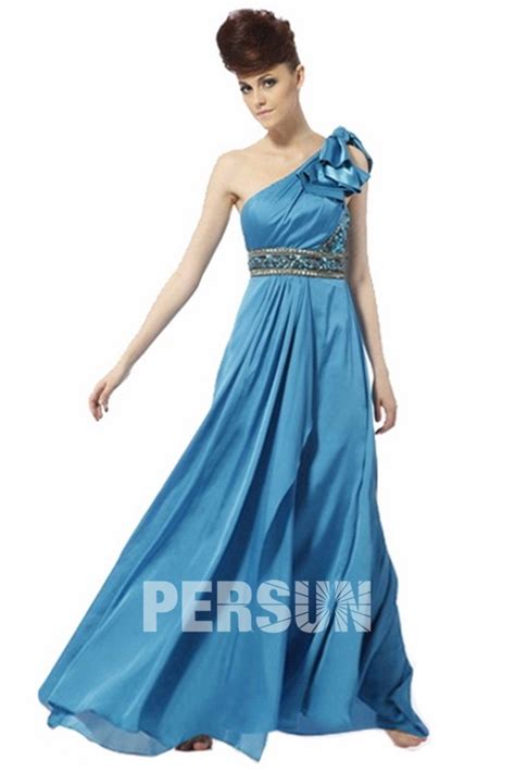 Robe De Soir E Bleue Empire Orn E De Strass A Ligne Seule Paule