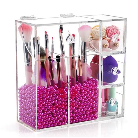 Desktop Brushes Organizer With Lid Clear Acrylic Makeup Organizer Lucite Brush Holder Desktop