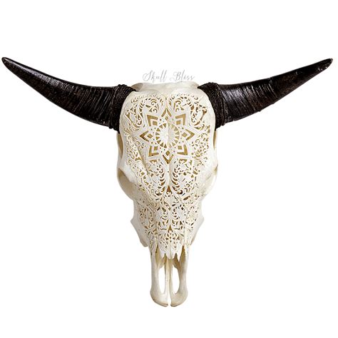 Carved Cow Skull White Mandala Cow Skull Cow Skull Decor Skulls