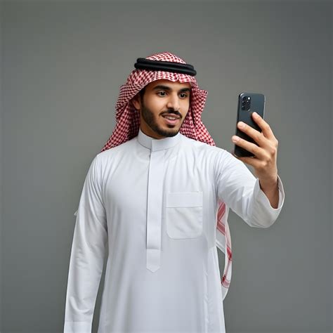 Saudi Gulf Arab Man Holding Mobile In His Hand Making A Call To Discuss