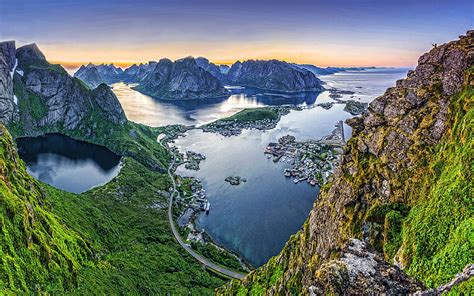 Lofoten Noche Puesta De Sol Islas Rocas Paisaje De Monta A Marina