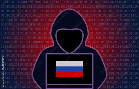 Mysterious hooded Russian hacker with Russian flag flat vector ...