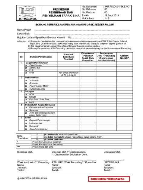 Prosedur Pembinaan Dan Penyeliaan Tapak Bina Jkr Malaysia Borang Pemeriksaan Pemasangan Psupsk