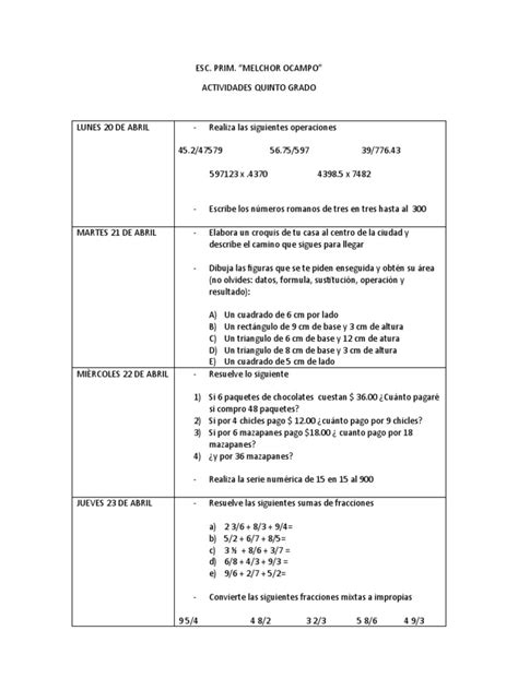 Activ Del 20 Al 30 De Abril 5° Grado Mat Pdf