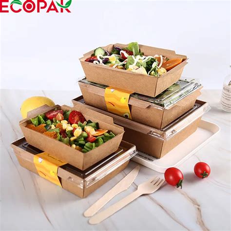 Rectangle Disposable Kraft Paper Salad Food Packaging Boxes With Clear Window Food Container