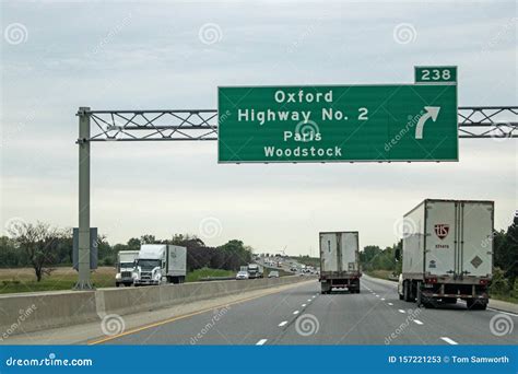 Sign On Highway 401 For Paris And Woodstock Exit Stock Image Image Of