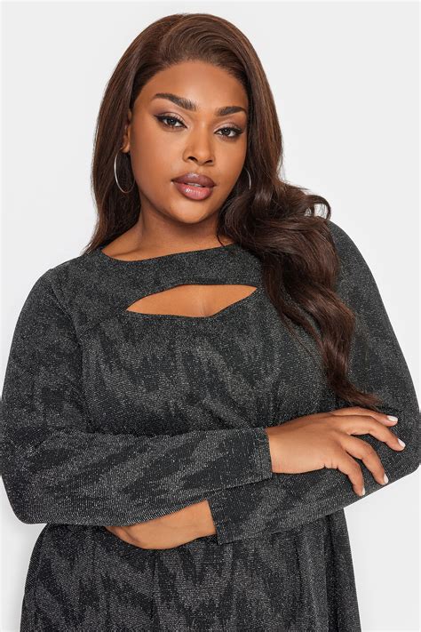 Yours Plus Size Black Silver Glitter Cut Out Swing Top Yours Clothing