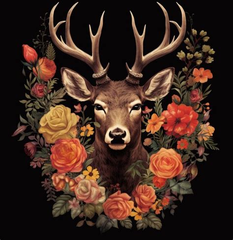 Premium Photo There Is A Deer Head With Antlers And Flowers In The