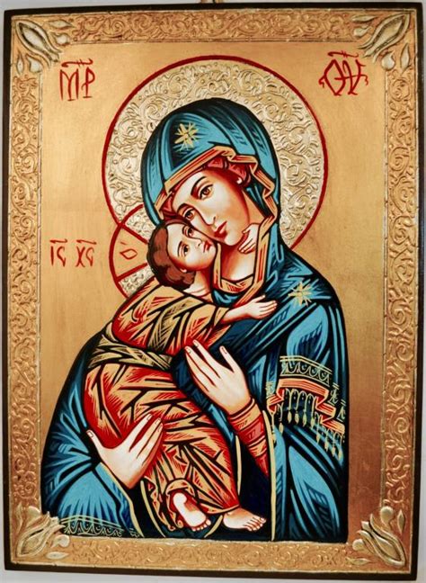 Icona Dipinta A Mano Madonna Della Tenerezza Su Legno Cm 44x32