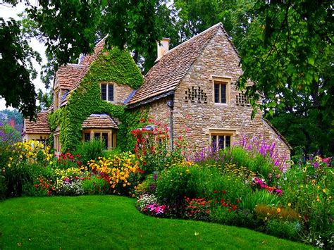 English Cottage Cottage Flowers Garden Trees Field Hd Wallpaper