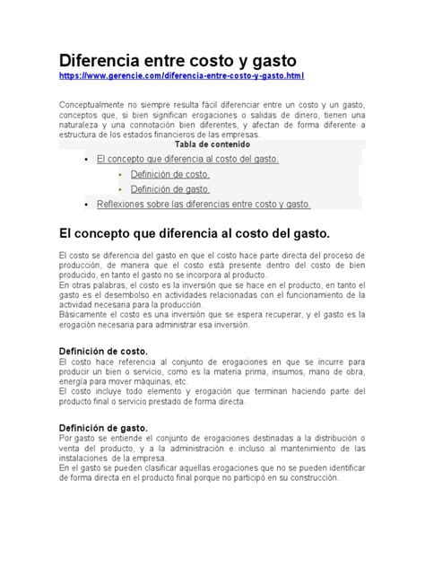 Lectura Diferencia Entre Costo Y Gasto Pdf Costo Gastos