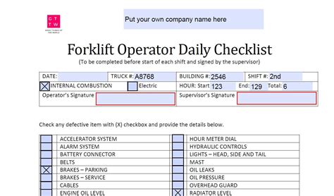 Forklift Operator Daily Checklist Printable Fillable Off