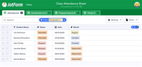 Class Attendance Sheet Template Jotform Tables