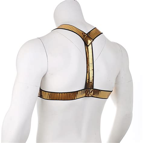 Men Golden Shiny Elastic Body Chest Lingerie Harness Male Strap Zentai Style Clubwear Halter