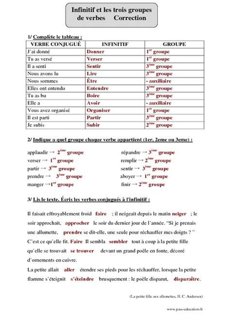 Infinitif Trois groupes de verbes Cm2 Exercices corrigés