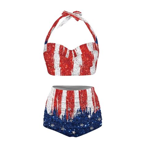 Huiacong Bling Bling American Flag Print Women Sexy Halter Bikini Set Tummy Control Swimsuits