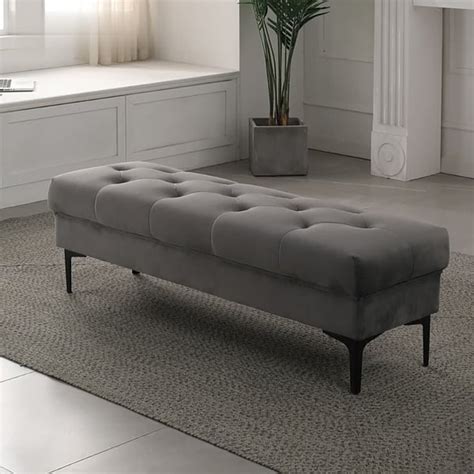 Deep Gray Velvet Upholstered Bench Tufted Entryway Bench Metal Leg Gold