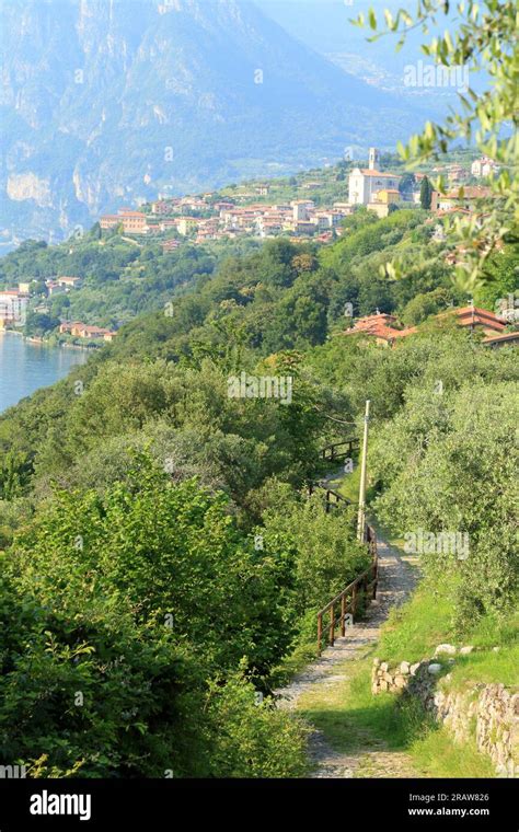 Lake Iseo. Hiking path to Torre Rocca Martinengo Castle of Monte Isola ...