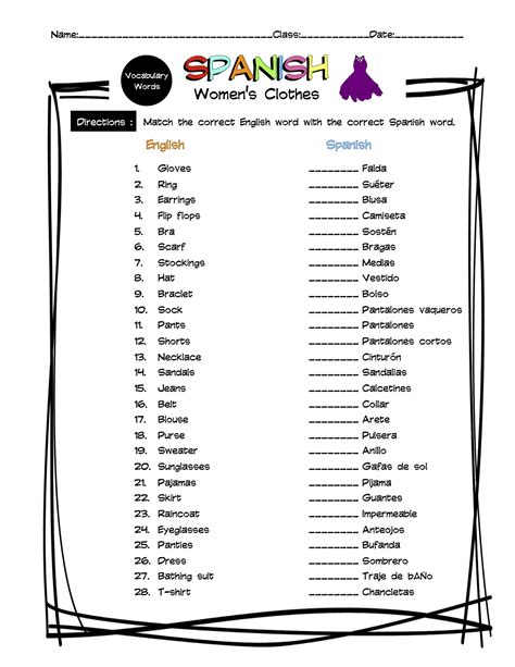 Spanish Womens Clothes Vocabulary Matching Worksheet And Answer Key Made By Teachers