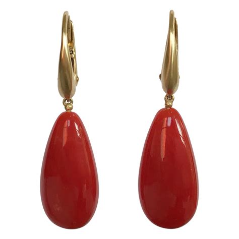 Dalben Design Mediterranean Long Drop Red Coral Yellow Gold Dangle