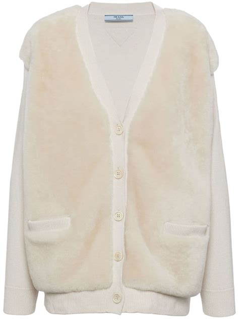 Prada Shearling Panel Cashmere Cardigan In Ivory Modesens