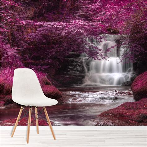 Pink Enchanted Forest Waterfall Wallpaper Wall Mural