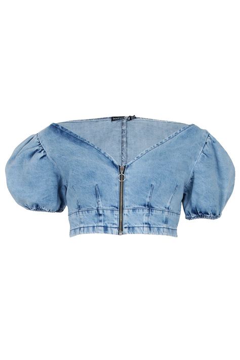 Puff Sleeve Denim Crop Top Denim Crop Top Crop Tops Puff Sleeve