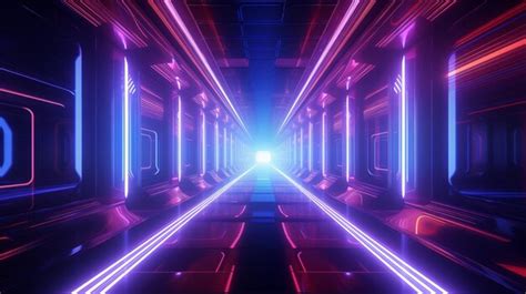 Endless Flight In A Futuristic Metal Corridor With Purple Neon Light