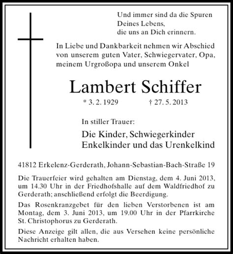 Alle Traueranzeigen für Lambert Schiffer trauer rp online de