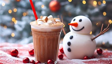 Winter Celebration Hot Chocolate Snowman Dessert Wood Table Snow Generated By AI Stock