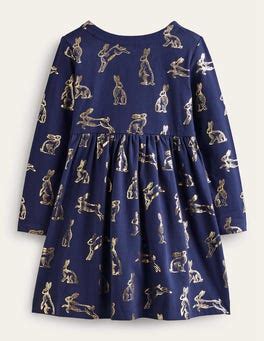 Long Sleeve Fun Jersey Dress College Navy Foil Bunnies Boden Uk