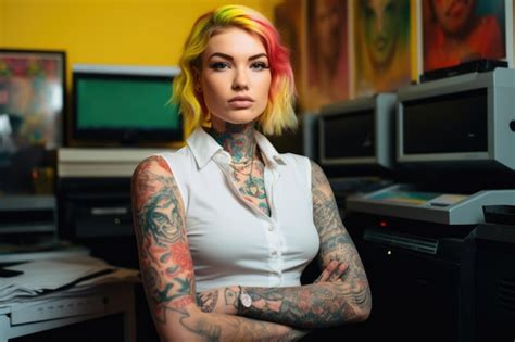 Une femme heureuse tatouée avec une coupe de cheveux courte colorée