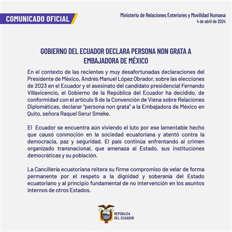 Gobierno Del Ecuador Declara Persona Non Grata A Embajadora De México